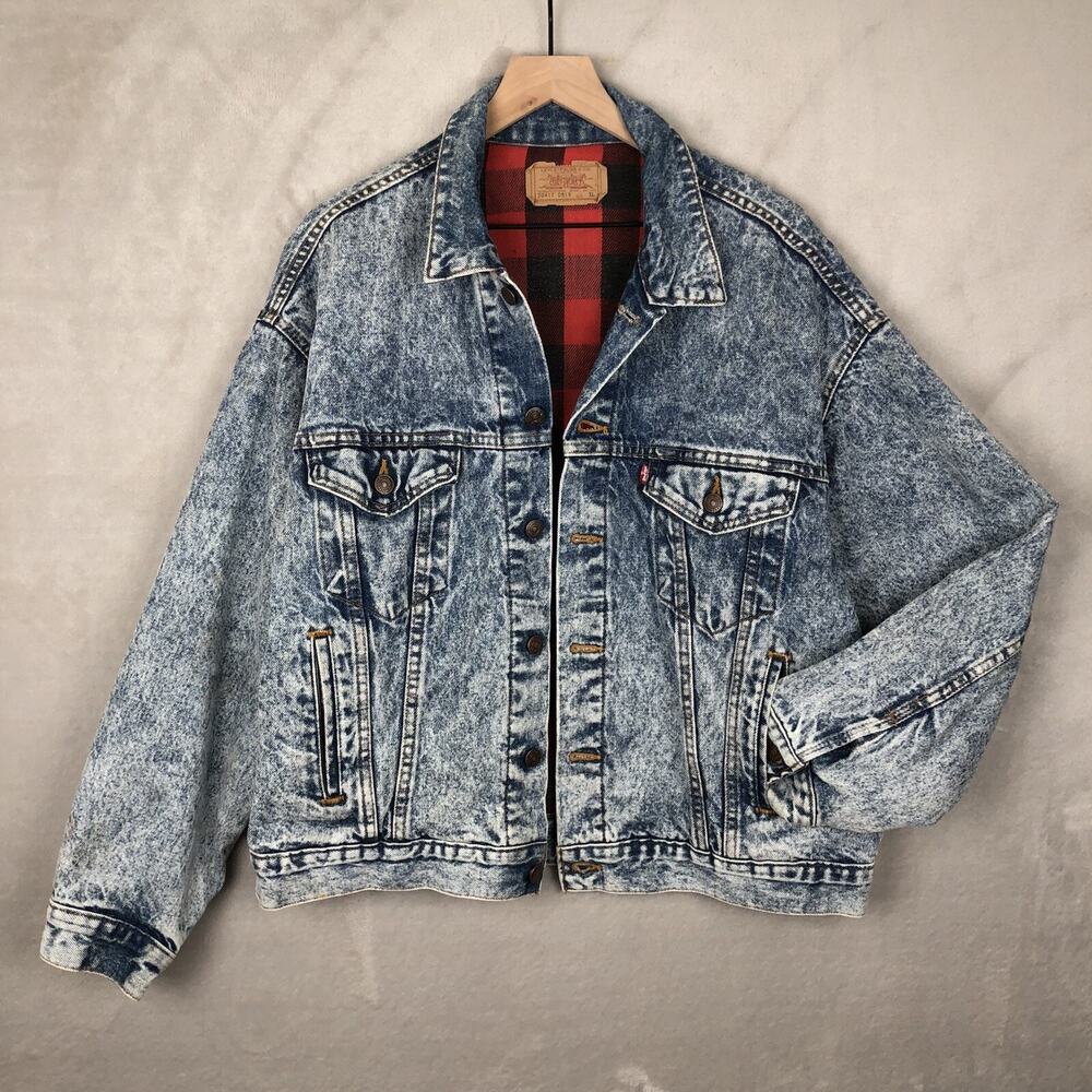 SOLD VTG LEVI'S Acid Wash Denim Trucker Jacket Sz XL Buffalo Lined USA